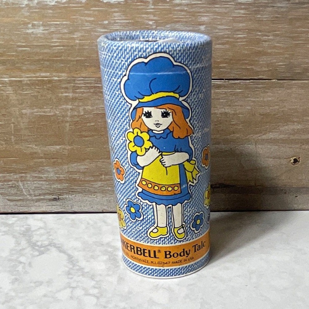 Tinkerbell Vintage Body Talc Powder Shaker Tin Can Blue Floral Girl Graphic